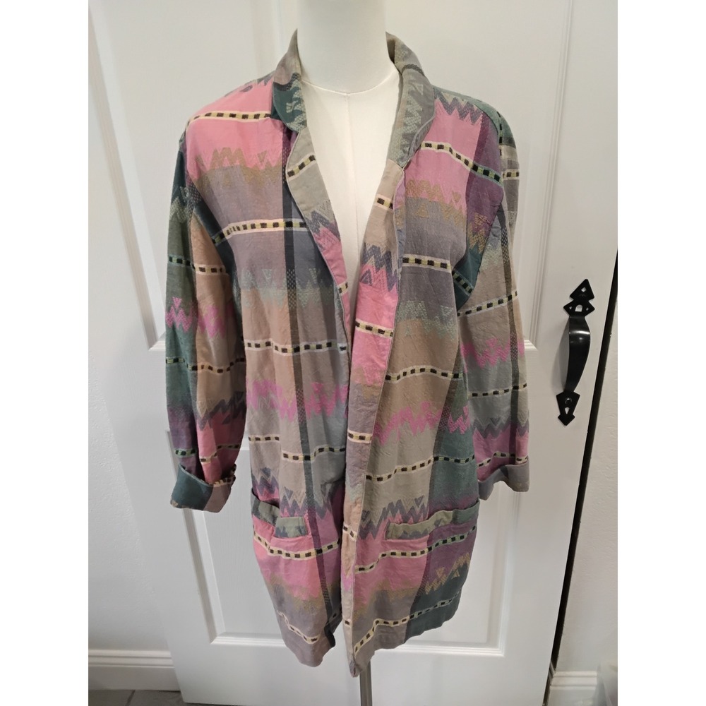 Angelique Vintage Southwest Aztec Cotton Open Front Jacket‎ Cardigan M